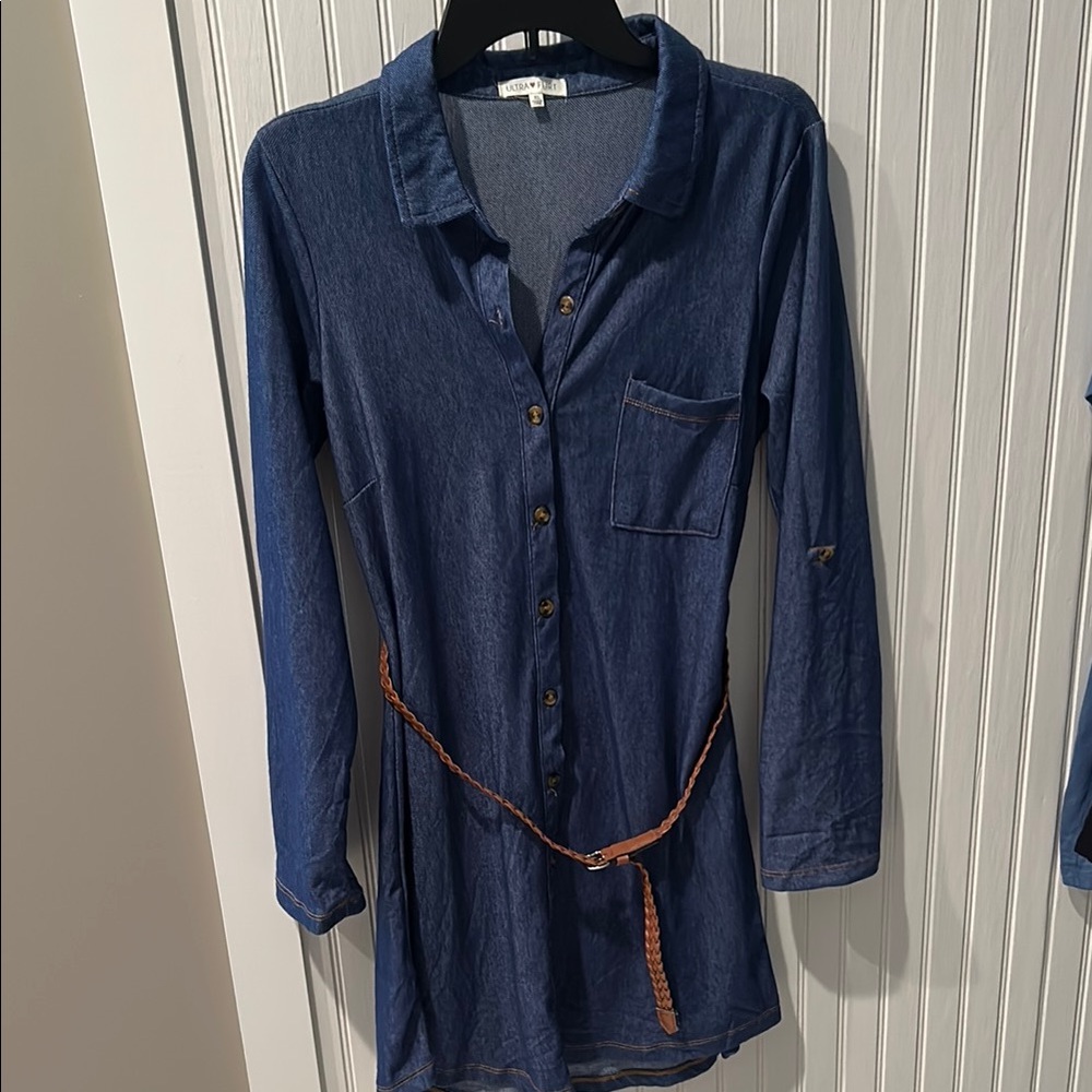Blue Denim Shirt Dress (stretchy) with Brown Belt
New w/o tags